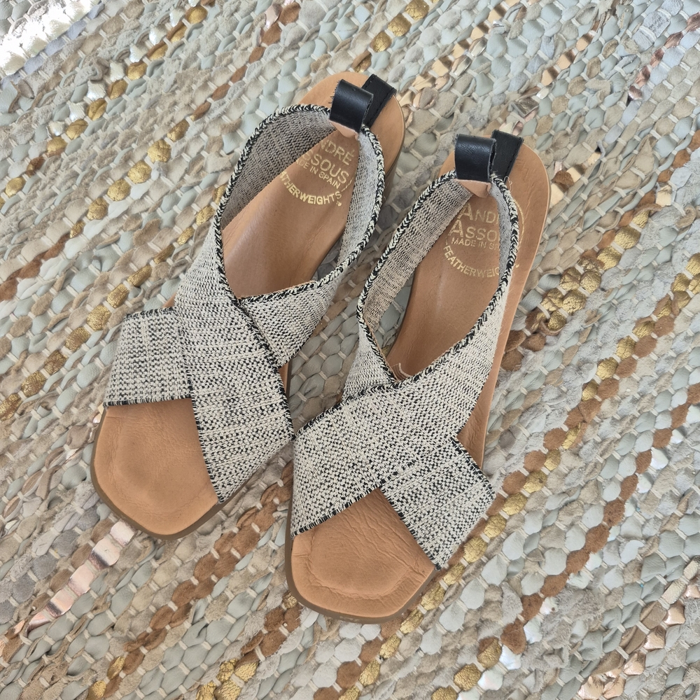 Andre Assous Black and Tan Sandals with Woven Design